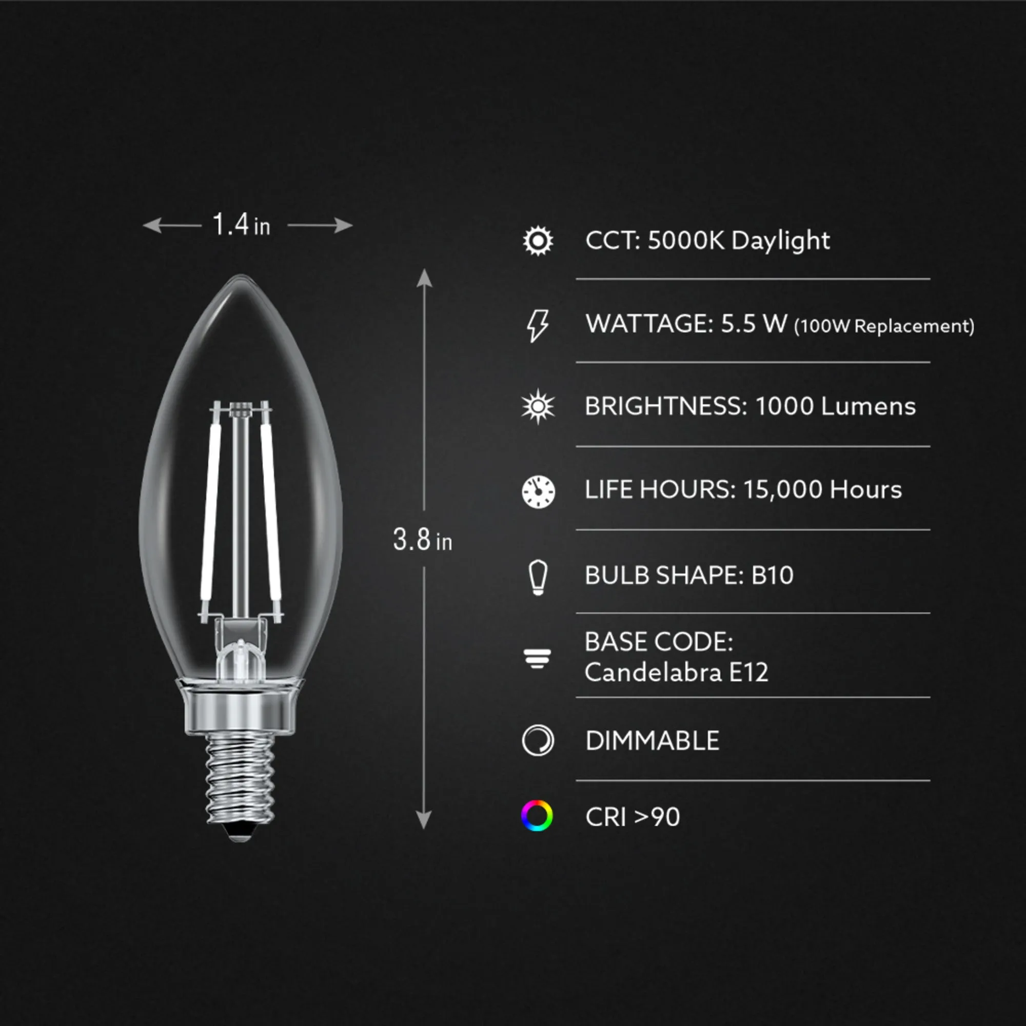 10W (100W Equivalent) Daylight (5000K) B10 Shape (E12 Base) Torpedo Tip LED Exposed White Filament Bulb (3-Pack)