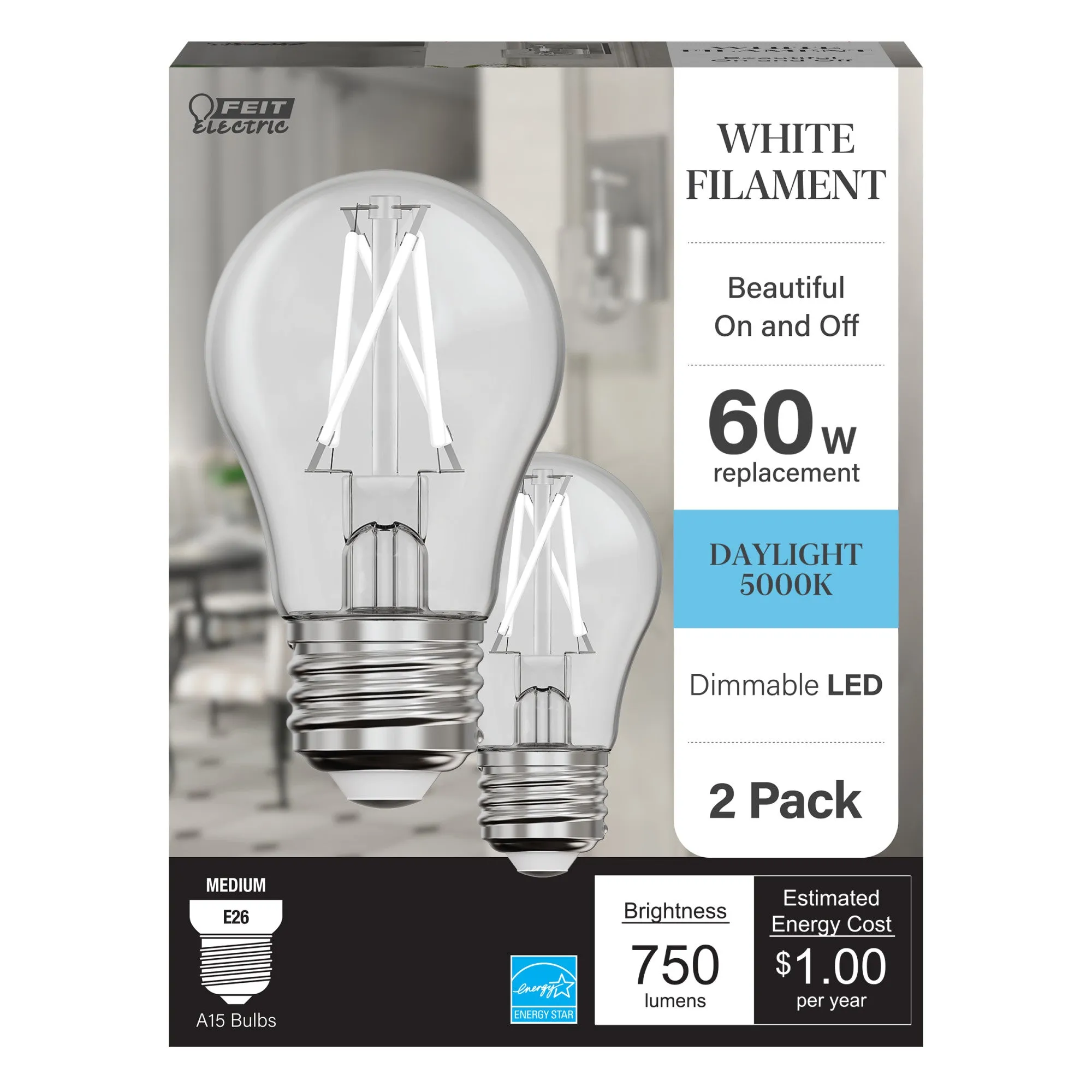 8.3W (60W Replacement) Daylight (5000K) A15 E26 Base Exposed White Filament LED Light Bulb (2-Pack)