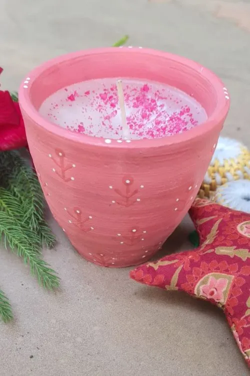 Antarang - Terracotta- Handpainted-Pink-Scented Candle