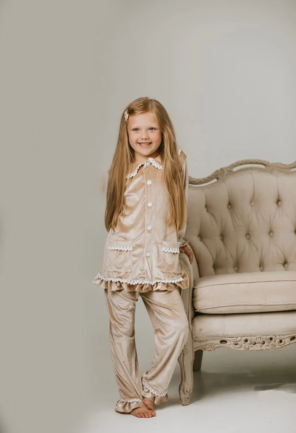 Girls Luxury Gold Velvet Frill Pyjamas