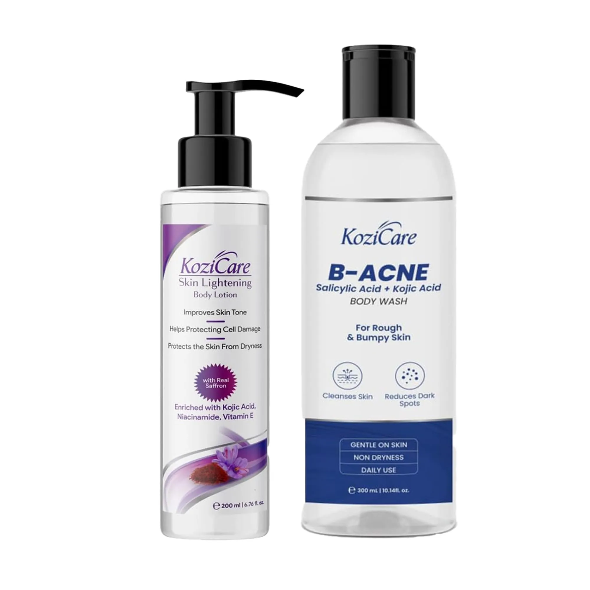 Kozicare B - Acne Body Wash & Saffron Body Lotion Combo | 2% Salicylic Acid Body Wash For Women & Men -300Ml|Tan Removal| Shea Butter Body Lotion | Niacinamide & Vitamin E Moisturizer For Body - 200Ml